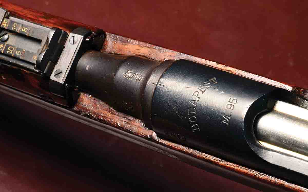 Some Hungarian Mannlichers are marked “Steyr,” while others are marked “Budapest.” The latter may have been manufactured by FÉG or by the Steyr factory in Budapest. The ’S’ denotes the M31 cartridge (8x56R) with its spitzer bullet.